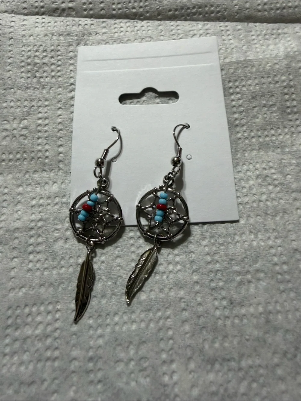 Source Unknown Silver Dreamcatcher Earrings with Turquoise and Red Beads